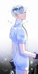  androgynous antarcticite ass black_gloves blue_eyes cowboy_shot crystal from_side gem_uniform_(houseki_no_kuni) gloves highres houseki_no_kuni long_neck profile puffy_short_sleeves puffy_sleeves short_sleeves silver_hair tariah_furlow turtleneck 