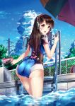  absurdres adapted_costume ass bird blue_swimsuit brown_eyes brown_hair casual_one-piece_swimsuit cloud commentary_request d.va_(overwatch) facial_mark fang from_behind headphones heishan highres ladder long_hair looking_back one-piece_swimsuit open_mouth outdoors overwatch pool poolside sky smile solo swimsuit telephone_pole umbrella wading water water_gun wet 