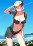  ass_visible_through_thighs azur_lane baiyin bangs bikini blonde_hair blue_sky breasts brown_eyes cameltoe cleavage closed_mouth collarbone commentary_request condensation_trail day eyebrows_visible_through_hair green_shirt hair_between_eyes hand_on_own_thigh hand_up head_tilt headgear highres iron_cross large_breasts long_sleeves looking_at_viewer multicolored_hair navel ocean open_clothes open_shirt outdoors red_hair roon_(azur_lane) see-through shaded_face shirt short_hair skindentation sky smile solo stomach streaked_hair swimsuit waves 