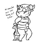  1_toe 2014 aliasing animal_crossing anthro balls biped black_and_white blush bottomless bovine cattle caught clothed clothing cooltime-fooltime dialogue digital_drawing_(artwork) digital_media_(artwork) embarrassed english_text erection erection_under_clothes full-length_portrait holding_object horn humor looking_away magazine male mammal monochrome nintendo porn_magazine pornography portrait precum precum_through_clothing rodeo_(animal_crossing) shirt simple_background snout solo standing stuttering sweat sweatdrop tank_top text unseen_character video_games white_background 