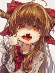  ahoge bad_id bad_pixiv_id bare_shoulders beige_background bow bowtie brown_hair chain chained_wrists check_commentary commentary commentary_request cuffs eyebrows_visible_through_hair fangs finger_in_mouth frilled_sleeves frills hair_bow hand_up ibuki_suika long_hair looking_at_viewer mouth_pull oni oni_horns open_mouth orange_eyes peipei red_bow red_neckwear saliva shackles shirt simple_background sleeveless sleeveless_shirt slit_pupils solo tongue touhou upper_body uvula white_shirt wrist_cuffs 
