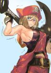  anchor armpits ashiomi_masato bare_shoulders belt blonde_hair blue_eyes breasts breath cosplay gloves grimace guilty_gear guilty_gear_xrd hat heavy may_(guilty_gear) may_(guilty_gear)_(cosplay) millia_rage orange_hat orange_shirt pirate_hat shaking shirt short_hair sideboob solo steam sweat 