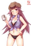  artist_logo beer_can bikini black_bikini breasts can cleavage commentary_request cowboy_hat cowboy_shot dated front-tie_top grin hand_on_hip hat highres holding holding_can jun'you_(kantai_collection) kanon_(kurogane_knights) kantai_collection long_hair looking_at_viewer navel one_eye_closed purple_eyes purple_hair purple_shirt shirt side_ponytail simple_background smile solo spiked_hair swimsuit tied_shirt white_background 
