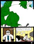  2003 anthro bear blue_eyes building claws comic dnapalmhead dragon english_text green_scales growth half-closed_eyes macro male mammal muscular obese onomatopoeia overweight panda procyonid raccoon redsaber scales scalie size_difference sound_effects speech_bubble text traditional_media_(artwork) 