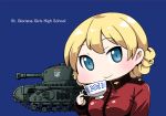  blonde_hair blue_background blue_eyes breasts caterpillar_tracks chibi churchill_(tank) commentary_request cup darjeeling emblem english girls_und_panzer ground_vehicle holding long_hair military military_vehicle motor_vehicle smile st._gloriana's_(emblem) st._gloriana's_military_uniform tank yunaka_(259808) 