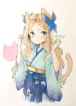  anchor animal_ears asakaze_(kantai_collection) bangs blue_bow blue_eyes blue_hakama blue_kimono bow cat_ears cat_tail cowboy_shot forehead furisode hair_bow hakama highres japanese_clothes kantai_collection kimono light_brown_hair long_hair looking_at_viewer meiji_schoolgirl_uniform parted_bangs raymie0124 sidelocks solo tail twitter_username wavy_hair 