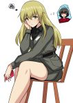  anzio_military_uniform black_shirt blonde_hair brown_hair caesar_(girls_und_panzer) carpaccio chair chin_rest closed_eyes girls_und_panzer green_eyes grey_jacket grey_skirt jacket koujun_(mugenzero) long_hair multiple_girls pencil_skirt red_scarf scarf shirt short_hair simple_background sitting skirt smile solo squiggle thought_bubble translated white_background 