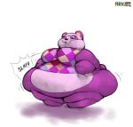  2016 animal_crossing anthro arkveveen_(artist) bear big_breasts biped black_nose bottomless breasts clothed clothing digital_drawing_(artwork) digital_media_(artwork) eye_markings eyelashes featureless_crotch featureless_feet female front_view full-length_portrait growth hands_on_hips huge_breasts jowls looking_at_self looking_down love_handles mammal markings morbidly_obese motion_lines nintendo obese one_eye_closed overweight overweight_female panda pink_body pink_clothing pink_tail pinky_(animal_crossing) portrait purple_body purple_markings shadow shirt short_tail simple_background smile sound_effects standing thick_thighs two_tone_body video_games weight_gain white_background 