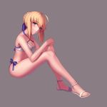  absurdres ahoge artoria_pendragon_(all) artoria_pendragon_(swimsuit_archer) bikini blonde_hair blue_ribbon boa_(brianoa) braid breasts cleavage crown_braid fate/grand_order fate/stay_night fate_(series) full_body green_eyes grey_background hair_bun hair_ribbon highres medium_breasts open_toe_shoes ribbon side-tie_bikini simple_background sitting smile solo swimsuit white_bikini 