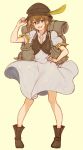  absurdres bag bangs brown_hair cosplay crossed_bangs dress hat highres looking_at_viewer no-shio octopath_traveler open_mouth simple_background smile tressa_(octopath_traveler) 