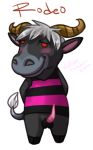  2013 anatomically_correct anatomically_correct_penis animal_crossing animal_genitalia animal_penis anthro balls biped black_balls black_hooves blush bottomless bovine bovine_penis brown_horn cattle character_name clothed clothing darkened_genitals digital_drawing_(artwork) digital_media_(artwork) dot_eyes english_text erection grey_body grey_hair grey_tail hair half-closed_eyes hands_behind_back hooves horn looking_away male mammal muzzle_(marking) nintendo penis pink_penis red_eyes rodeo_(animal_crossing) sheath shirt simple_background smile snout solo standing tail_tuft tapering_penis text tuft two_tone_tail url valkiee video_games white_background white_tail 