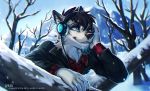  2018 5_fingers anthro black_hair black_nose blue_eyes canine clothed clothing day digital_media_(artwork) dog fur hair lukiri male mammal outside smile snow solo white_fur 