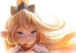 blonde_hair blue_eyes blurry charlotta_fenia closed_mouth crown depth_of_field frown granblue_fantasy hair_between_eyes harvin long_hair pointy_ears portrait solo v-shaped_eyebrows white_background xion_(nyoxion) 