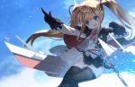  ahoge amazon_(azur_lane) arms_at_sides azur_lane bangs black_legwear blonde_hair blue_eyes fang flag fog gloves long_hair military military_uniform nakamura_takeshi open_mouth pointing sky thighhighs twintails uniform union_jack water_drop weapon 