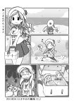  3girls beret bird blank_eyes bread chibi cloud comic commandant_teste_(kantai_collection) commentary_request crying dated drill_hair eating fairy_(kantai_collection) flying_sweatdrops food greyscale hat horizon jacket kantai_collection lunchbox ma_rukan monochrome multiple_girls ocean open_mouth plaid plaid_scarf scarf seagull silent_comic speech_bubble tears translation_request 