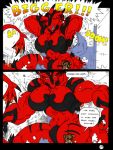  2005 anthro breasts claws comic dnapalmhead dragon duo english_text female gills growth macro muscular onomatopoeia red_scales redsaber scales scalie size_difference sound_effects speech_bubble text traditional_media_(artwork) yellow_eyes 