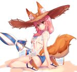  animal_ear_fluff animal_ears ass beach_umbrella bikini bikini_under_clothes blue_bikini breasts ears_through_headwear fate/extra fate/grand_order fate_(series) fox_ears fox_tail hat highres kakao346 large_breasts long_hair looking_at_viewer parasol pink_hair see-through shirt side-tie_bikini sitting solo straw_hat swimsuit tail tamamo_(fate)_(all) tamamo_no_mae_(swimsuit_lancer)_(fate) transparent_background umbrella wet wet_clothes wet_shirt wet_t-shirt yellow_eyes 