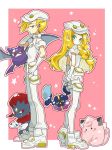  1girl aether_foundation_uniform blonde_hair braid brother_and_sister cabbie_hat clefairy commentary_request cosmog crobat from_side gen_1_pokemon gen_2_pokemon gen_4_pokemon gen_7_pokemon gladio_(pokemon) gloves green_eyes hat highres holster kirakiya lillie_(pokemon) long_hair looking_to_the_side pink_background pokemon pokemon_(creature) pokemon_(game) pokemon_sm short_hair short_sleeves siblings simple_background thigh_holster twin_braids uniform weavile white_gloves white_hat 