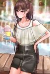 alternate_costume bangs black_skirt blouse blush breasts casual closed_mouth collarbone commentary cup day eyebrows_visible_through_hair fountain girls_frontline hair_ribbon half_updo hand_on_hip high-waist_skirt holding holding_cup leaning long_hair looking_at_viewer loose_blouse off_shoulder one_side_up outdoors purple_hair red_eyes ribbon see-through skirt solo sweat tank_top testame tsurime very_long_hair wa2000_(girls_frontline) white_blouse white_tank_top zipper_skirt 