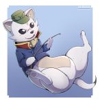  2018 bottomless clothed clothing ermine fur jacket male mammal mustelid nurinaki pawpads riding_crop rommel_(gundam_build_divers) semi-anthro solo spread_legs spreading whip white_fur 