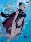  azur_lane bangs barefoot bekko black_swimsuit breasts bubble cleavage commentary_request day eyebrows_visible_through_hair fish flower graf_zeppelin_(azur_lane) hair_between_eyes hair_flower hair_ornament highres impossible_clothes impossible_swimsuit iron_cross jacket_on_shoulders large_breasts leg_up long_hair looking_at_viewer messy_hair navel navel_cutout one-piece_swimsuit outstretched_arm parted_lips red_eyes sidelocks silver_hair solo swimming swimsuit taut_clothes taut_swimsuit thighs turtle underwater very_long_hair 