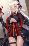  black_bow black_coat black_panties bow breasts cleavage_cutout commentary_request dark_skin fate/grand_order fate_(series) highres holding holding_sword holding_weapon okita_souji_(alter)_(fate) okita_souji_(fate)_(all) panties sword underwear weapon white_eyes white_hair xenonstriker 
