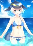  :d absurdres bare_shoulders bikini black_hair blonde_hair blue_bikini blue_eyes blue_sky blush breasts cloud collarbone commentary common_dolphin_(kemono_friends) day dolphin_tail eyebrows_visible_through_hair fins groin hair_between_eyes highres japari_symbol kanzakietc kemono_friends looking_at_viewer multicolored_hair navel open_mouth outdoors sky small_breasts smile solo swimsuit v-shaped_eyebrows water white_background 