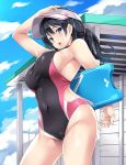  black_hair black_swimsuit blue_eyes blue_sky breasts cameltoe cloud competition_swimsuit covered_navel cowboy_shot day kickboard large_breasts looking_at_viewer low_twintails mizuhara_yuu one-piece_swimsuit open_mouth original shed sky solo swimsuit twintails visor_cap 