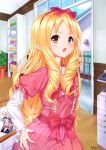  absurdres blonde_hair blush book bookshelf brown_eyes chestnut_mouth commentary_request copy_machine curly_hair dress eromanga_sensei hairband hand_on_hip highres layered_sleeves long_hair open_mouth pink_dress pointy_ears ribbon solo table traveler_(artbbt) window yamada_elf 