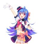  :d ahoge akabane_(pixiv3586989) arm_up belt bili_girl_22 bilibili_douga black_hat black_vest blue_hair blush bow braid character_check gloves hat hat_bow highres holding holding_microphone long_hair looking_at_viewer microphone midriff official_art open_mouth orange_belt red_bow red_eyes short_sleeves simple_background skirt smile standing star very_long_hair vest white_background white_gloves 