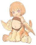  1girl blue_eyes brown_hair centauroid child feral_lemma flat_chest full_body griffin midriff monster_girl navel open_mouth original paws short_hair simple_background solo tail white_background wings 