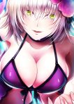  alternate_costume bangs bare_shoulders bikini black_ribbon breasts cleavage cloud cloudy_sky collarbone commentary_request cowboy_shot criss-cross_halter eyebrows_visible_through_hair fate/grand_order fate_(series) fingernails flower front-tie_top green_eyes hair_between_eyes hair_flower hair_ornament hair_ribbon halterneck head_tilt jeanne_d'arc_(alter)_(fate) jeanne_d'arc_(fate)_(all) large_breasts leaning_forward looking_at_viewer outdoors parted_lips purple_swimsuit reaching ribbon sayvi short_hair silver_hair sky smile solo swimsuit wet yellow_eyes 