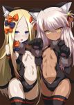  :q abigail_williams_(fate/grand_order) animal_ears bangs bell black_gloves black_legwear blonde_hair blue_eyes bow cat_ears cat_tail center_opening chloe_von_einzbern commentary_request cosplay cowboy_shot dark_skin elbow_gloves eyebrows_visible_through_hair fate/grand_order fate/kaleid_liner_prisma_illya fate_(series) flat_chest gloves hair_bell hair_bow hair_ornament hair_ribbon hairband highres illyasviel_von_einzbern illyasviel_von_einzbern_(cosplay) jingle_bell leotard long_hair looking_at_viewer multiple_girls navel parted_bangs paw_gloves paws revealing_clothes ribbon shimejinameko sidelocks simple_background tail thighhighs tongue tongue_out two_side_up very_long_hair yellow_eyes 