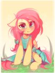  2018 blush clothed clothing cute dress equine eyebrows eyelashes feathered_wings feathers female feral floppy_ears fluttershy_(mlp) friendship_is_magic grass hair hair_bow hair_ribbon hi_res hooves lispp long_hair looking_at_viewer mammal my_little_pony outside pegasus pink_hair portrait ribbons signature simple_background sitting smile solo summer teal_eyes wings yellow_feathers 