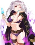  belt belt_buckle bikini black_coat breasts buckle coat commentary_request dark_persona evil_smile female_my_unit_(fire_emblem:_kakusei) fire fire_emblem fire_emblem:_kakusei fire_emblem_heroes food gimurei gloves hips hood hood_down ice_cream large_breasts licking long_hair looking_at_viewer my_unit_(fire_emblem:_kakusei) navel ormille popsicle purple_bikini purple_fire red_eyes robe simple_background smile solo swimsuit tentacles thigh_strap thighs tongue tongue_out twintails white_background white_hair 
