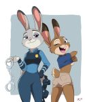  2018 anthro badge blue_eyes breasts buckteeth butt clothed clothing deannart disney duo eyelashes female fur handcuffs judy_hopps lagomorph looking_at_viewer looking_back mammal open_mouth open_smile pants purple_eyes rabbit shackles shirt shorts simple_background smile teeth tongue trisha_(deannart) undressing zootopia 