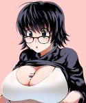  1boy 1girl :o bar_censor between_breasts black_eyes black_hair breasts censored glasses hunter_x_hunter large_breasts open_mouth paizuri penis shirt_lift shizuku_(hunter_x_hunter) short_hair surprised sweater tank_top turtleneck turtleneck_sweater 