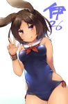  :p aaru_(tenrake_chaya) animal_ears arm_behind_back azur_lane bare_shoulders bracer brown_eyes brown_hair bunny_ears commentary_request detached_collar highres i-26_(azur_lane) one-piece_swimsuit sailor_collar school_swimsuit short_hair smile solo strapless strapless_swimsuit swimsuit tongue tongue_out v 