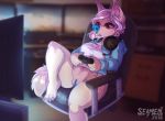  2018 anthro big_breasts blue_nose blue_pussy bottomless breasts canine chair cleavage clothed clothing female gaming glowing mammal pussy seamen solo thick_thighs video_games xen_(leotheferret) 
