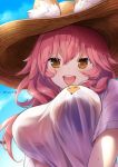  :d animal_ear_fluff animal_ears blue_bikini_top breasts cloud day fate/extra fate/grand_order fate_(series) fox_ears from_below hat large_breasts long_hair looking_at_viewer open_mouth pink_hair see-through shirt sky smile solo sun_hat tamamo_(fate)_(all) tamamo_no_mae_(swimsuit_lancer)_(fate) twitter_username tyone upper_body white_shirt yellow_eyes 