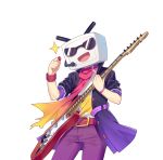 :d akabane_(pixiv3586989) belt bilibili_douga cowboy_shot gradient_scarf guitar highres instrument jacket music official_art open_mouth pants playing_instrument plectrum purple_belt purple_pants purple_wristband red_wristband scarf simple_background smile standing sunglasses wristband 