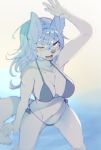  1girl blue_eyes blue_hair bra dog furry long_hair one_eye_closed pantie rorie solo swimsuit 