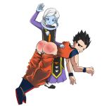  1boy 1girl angel ass black_hair blue_skin butt_crack cus discipline domination dragon_ball dragon_ball_super dragonball_z embarrassed femdom floating handprint humiliation larger_male male malesub over_the_knee pants_down punishment red_ass size_difference smaller_female son_gohan spanked spanking white_hair 