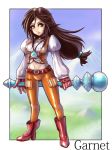  black_choker black_hair boots breasts brown_eyes choker commentary_request final_fantasy final_fantasy_ix full_body garnet_til_alexandros_xvii gloves high_heel_boots high_heels highres holding holding_staff jewelry long_hair low-tied_long_hair oomasa_teikoku pendant solo staff weapon 