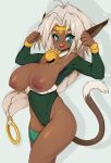  90s aisha_clanclan animal_ears aqua_eyes arms_up bad_anatomy bare_shoulders bell bell_collar belt breasts breasts_outside cat_ears cat_girl cat_tail circlet cleavage collar commentary covered_navel dark_skin english_commentary fangs gold_trim green_leotard hair_intakes highleg highleg_leotard highres huge_breasts jingle_bell leotard long_hair nipples open_mouth outlaw_star pointy_ears sagging_breasts shiny shiny_hair shiny_skin simple_background slit_pupils slugbox smile solo sweat tail thighs very_long_hair white_background white_hair 