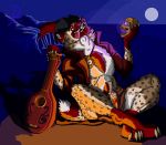  alcohol anthro bard beverage chest_tuft clothed clothing crossed_legs gnoll grin hat hyena jacket kadisurmik laugh loincloth lute male mammal open_shirt outside piercing sitting skull smile solo spots tongue tongue_out tuft 