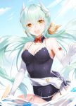  :d bangs bare_shoulders bird black_swimsuit blush bow bowtie breasts casual_one-piece_swimsuit cleavage cloud collarbone commentary_request cowboy_shot day detached_collar dragon_horns elbow_gloves eyebrows_visible_through_hair fate/grand_order fate_(series) floating_hair gloves green_hair hair_between_eyes hair_bow hair_ribbon hand_up horns kiyohime_(fate/grand_order) kiyohime_(swimsuit_lancer)_(fate) light_green_hair long_hair looking_at_viewer low_twintails medium_breasts ocean one-piece_swimsuit open_mouth outdoors red_bow red_neckwear ribbon seagull shiny shiny_hair shiny_skin sidelocks smile solo sparkle standing swimsuit twintails very_long_hair wading waka_(shark_waka) white_gloves yellow_bow yellow_eyes yellow_ribbon 