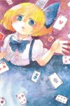  alice_margatroid alice_margatroid_(pc-98) blonde_hair blue_eyes card child hair_ribbon highres neck_ribbon ribbon shiz_(#0077) short_hair skirt solo suspender_skirt suspenders touhou touhou_(pc-98) traditional_media watercolor_(medium) younger 