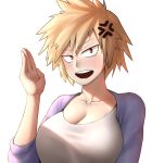  1girl anger_vein bakugou_mitsuki blonde_hair blush boku_no_hero_academia breasts cleavage large_breasts open_clothes open_mouth portrait red_eyes smile solo thore_(nathalukpol) upper_body 