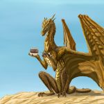  2013 day detailed_background digital_media_(artwork) dragon feral gold_scales kerydragon membranous_wings outside scales scalie sitting sky solo western_dragon wings yellow_scales 
